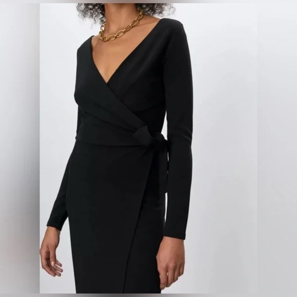 Babaton Wrap Tyler Midi Dress Size Small Long Sleeves V Neck Stretch